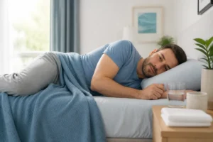 Adulte allongé sur le côté dans une chambre calme, après un épisode de vertiges et de nausées