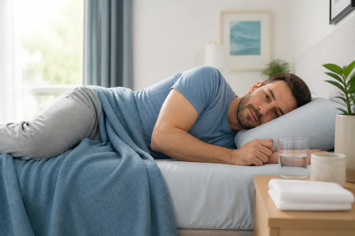 Adulte allongé sur le côté dans une chambre calme, après un épisode de vertiges et de nausées
