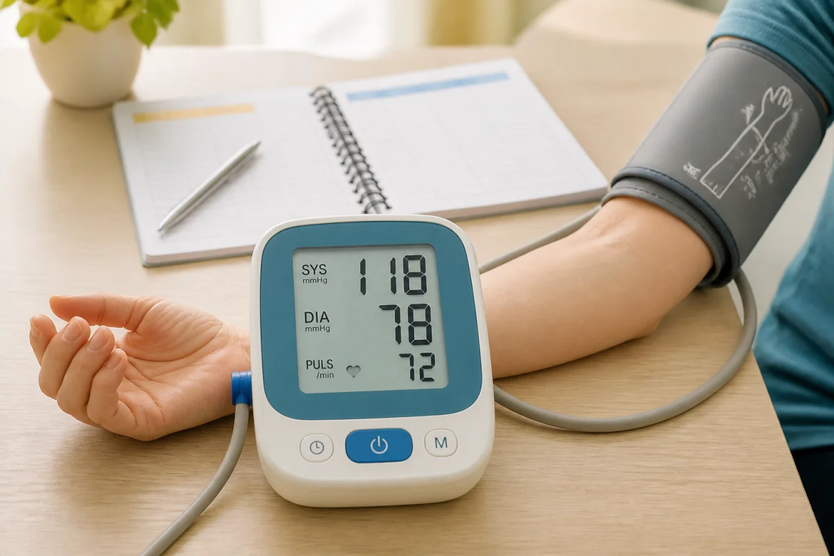 Comment lire la tension sur un tensiomètre au bras : appareil affichant 118/78 mmHg et pouls 72 bpm