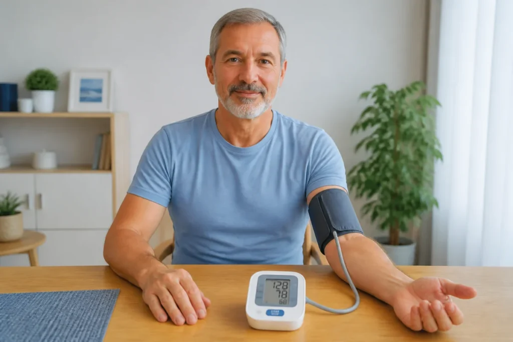 Adulte assis mesurant correctement sa tension avec un tensiomètre électronique au bras, écran visible et bras posé sur une table