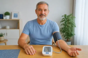 Adulte assis mesurant correctement sa tension avec un tensiomètre électronique au bras, écran visible et bras posé sur une table