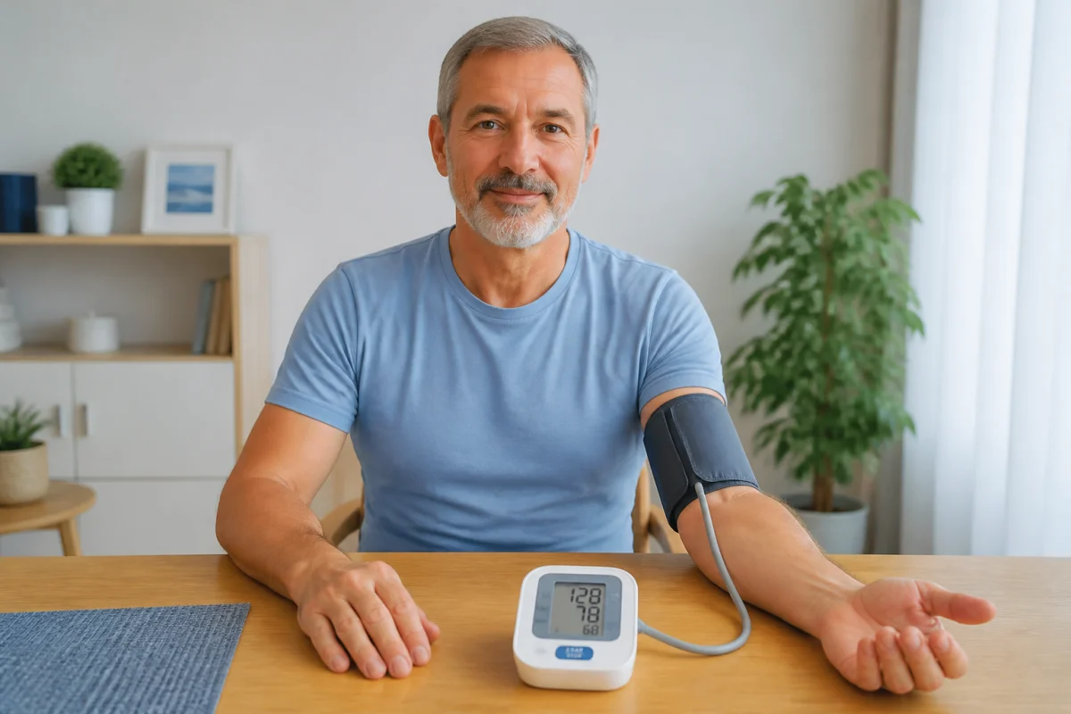 Adulte assis mesurant correctement sa tension avec un tensiomètre électronique au bras, écran visible et bras posé sur une table
