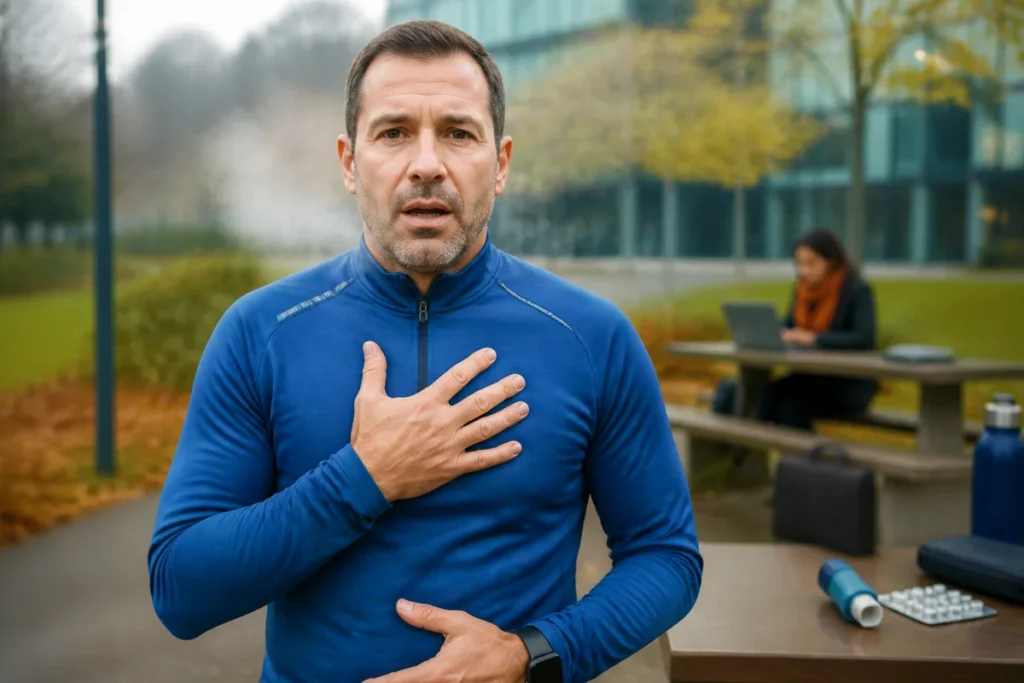 Adulte après un effort léger, main sur la poitrine, évoquant une gêne respiratoire et un possible asthme.