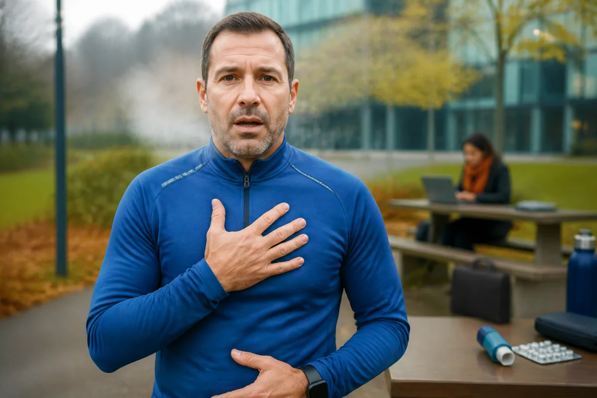 Adulte après un effort léger, main sur la poitrine, évoquant une gêne respiratoire et un possible asthme.
