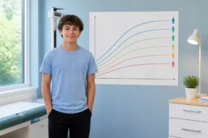 Adolescente de 15 ans devant une courbe de croissance dans un cabinet médical lumineux, illustrant la taille moyenne d’une fille de 15 ans