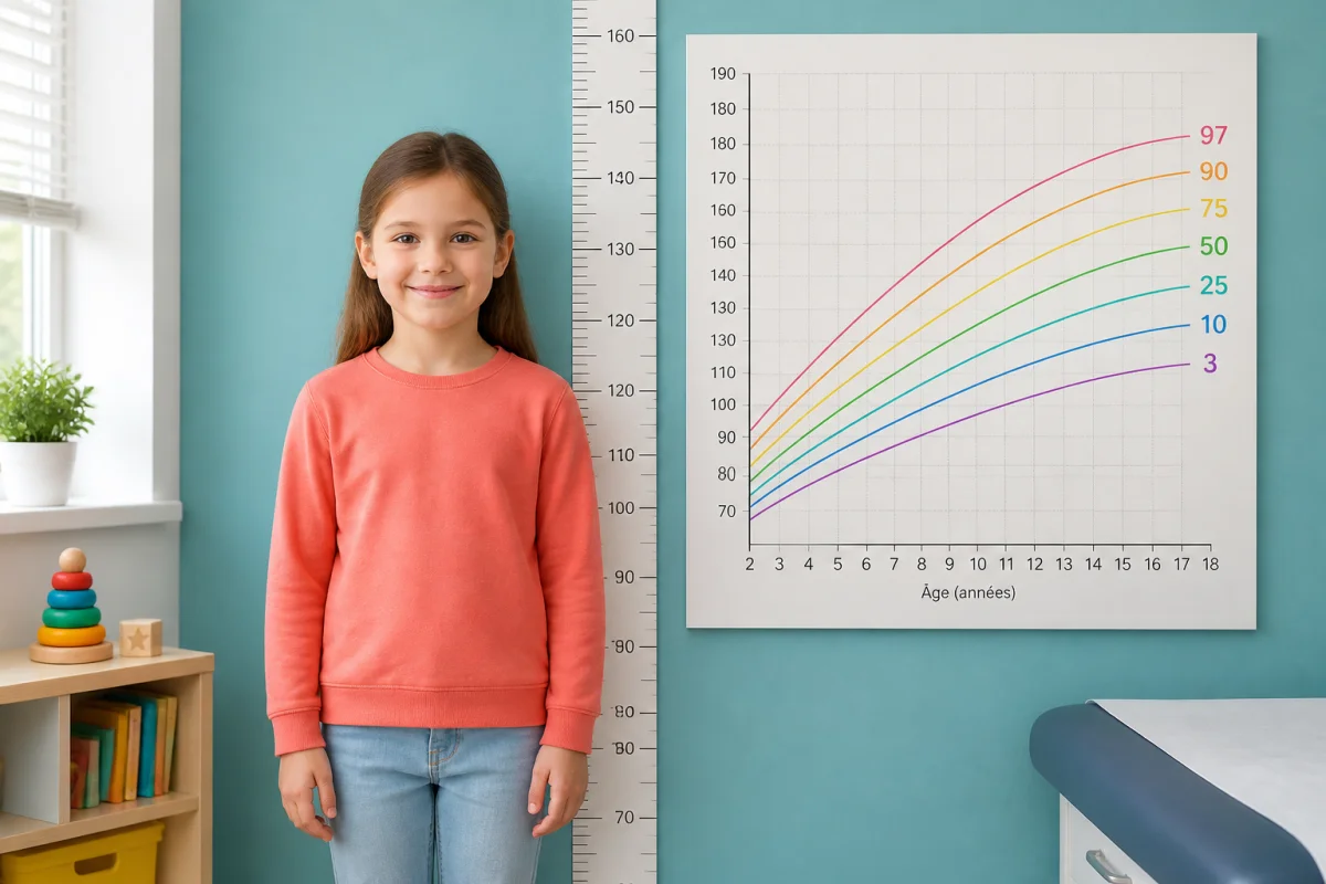 Fille de 8 ans mesurée devant une courbe de croissance présentant différents percentiles de taille moyenne féminine