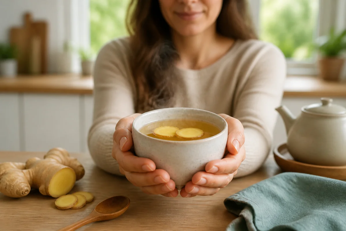Tisane de gingembre contre les vertiges, tenue par une personne dans une cuisine lumineuse et chaleureuse