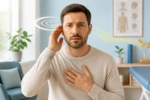Adulte déstabilisé, main près de l’oreille et sur la poitrine, illustrant vertiges liés au stress ou à l’oreille interne
