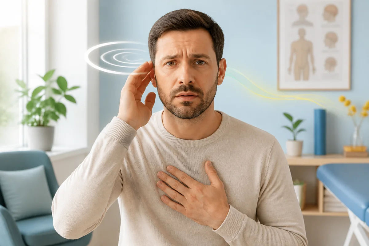 Adulte déstabilisé, main près de l’oreille et sur la poitrine, illustrant vertiges liés au stress ou à l’oreille interne