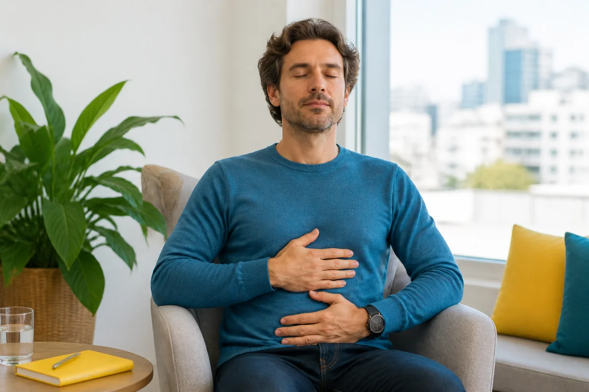 Adulte assis contrôlant sa respiration pour apaiser des vertiges liés au stress, dans un intérieur lumineux et rassurant