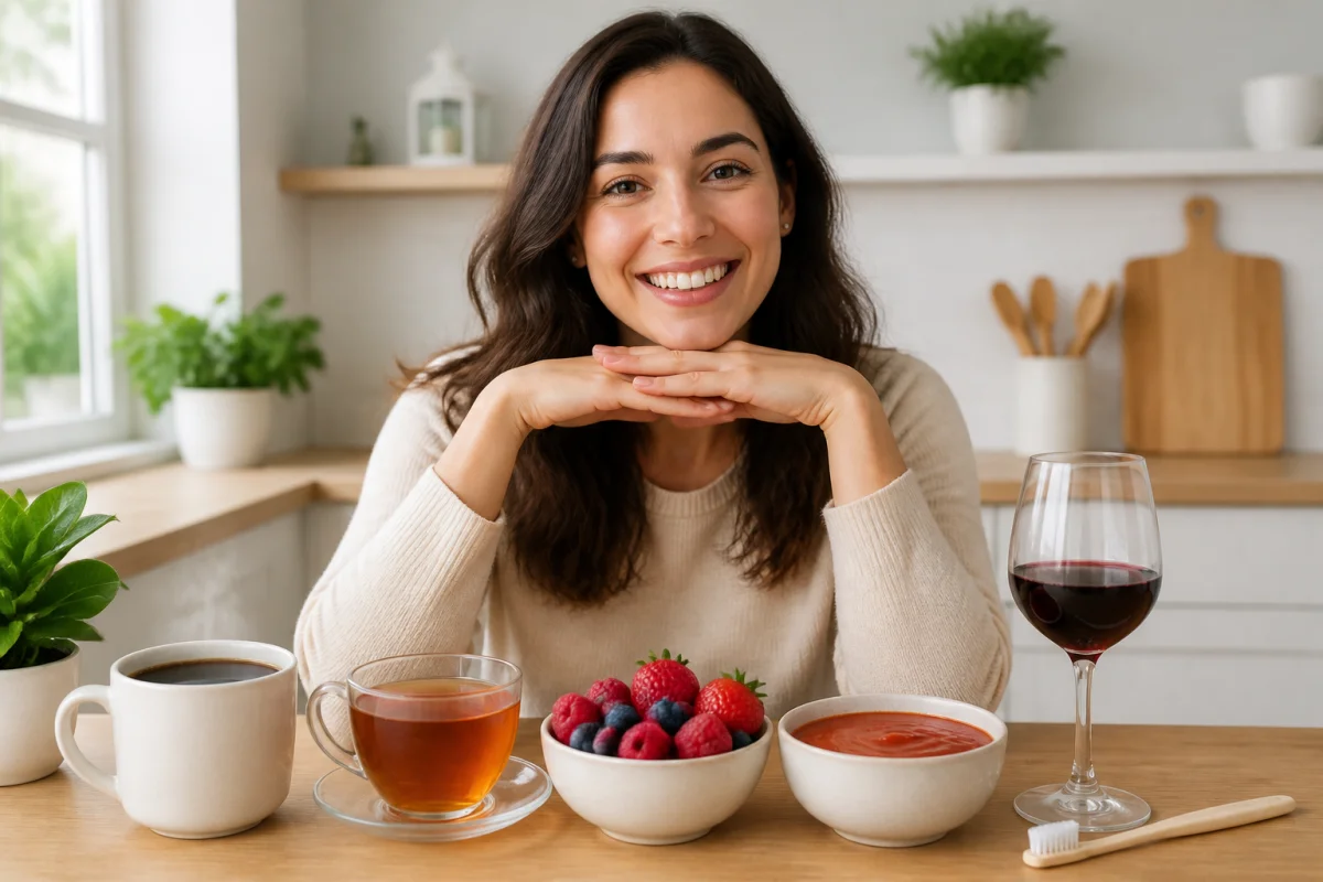 Personne souriante montrant des dents tachées, entourée d’aliments qui tachent les dents : café, thé, fruits rouges et vin rouge