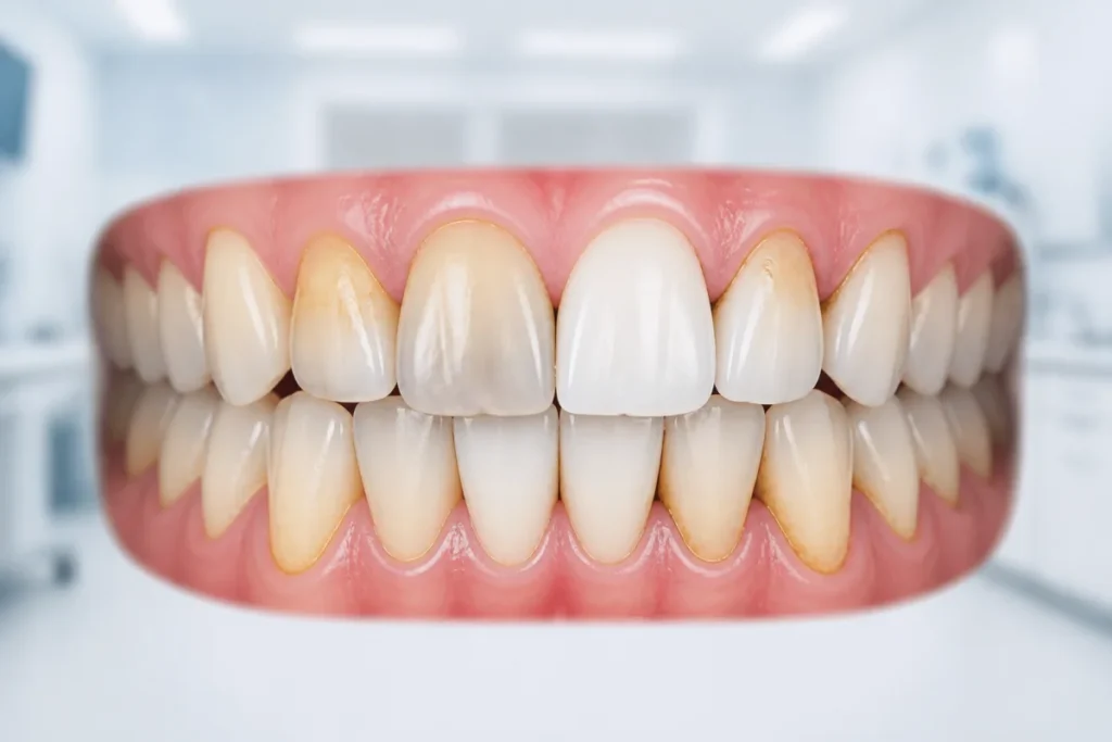 Sourire montrant des dents tachées par des pigments, de la plaque et du tartre, comparées à une dent propre