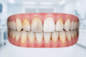 Sourire montrant des dents tachées par des pigments, de la plaque et du tartre, comparées à une dent propre