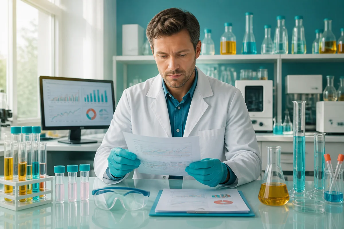 Scientifique analysant des produits en laboratoire indépendant pour évaluer la fiabilité, avec rapport de contrôle et éprouvettes au premier plan