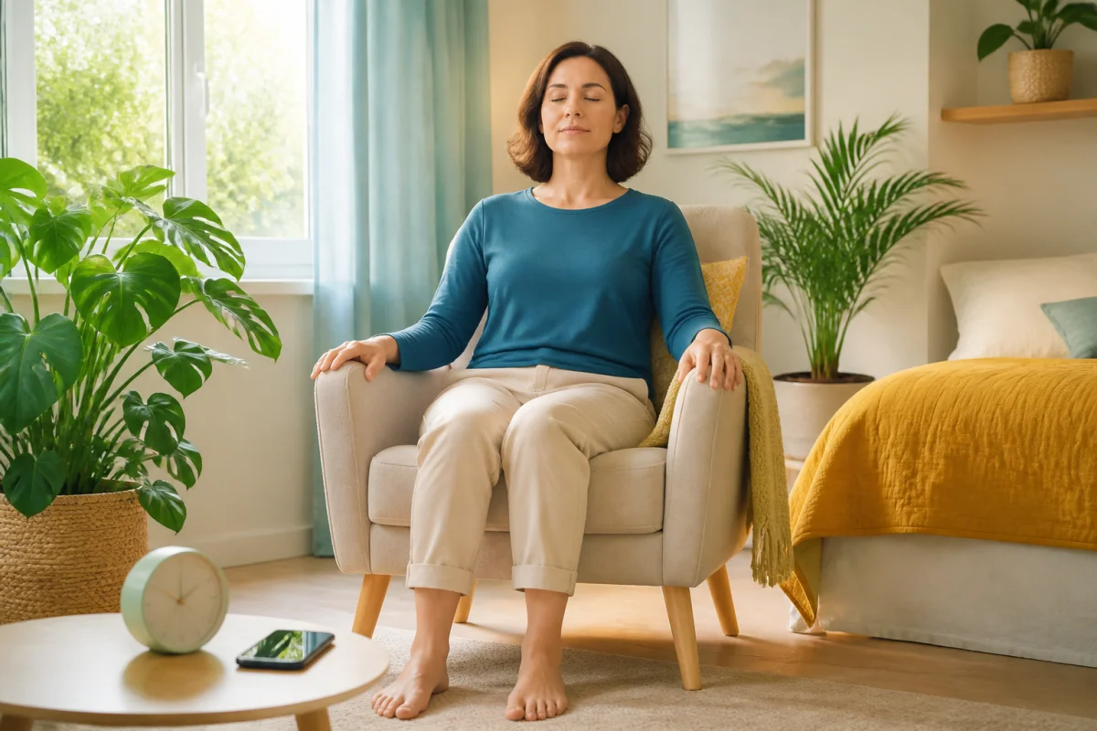 Adulte assis dans un fauteuil pour une relaxation guidée, yeux fermés, dans une chambre lumineuse et apaisante