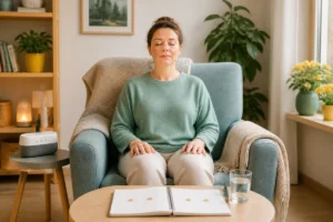 Personne sereine pratiquant une relaxation guidée dans un intérieur chaleureux, avec audio, carnet et verre d’eau à proximité