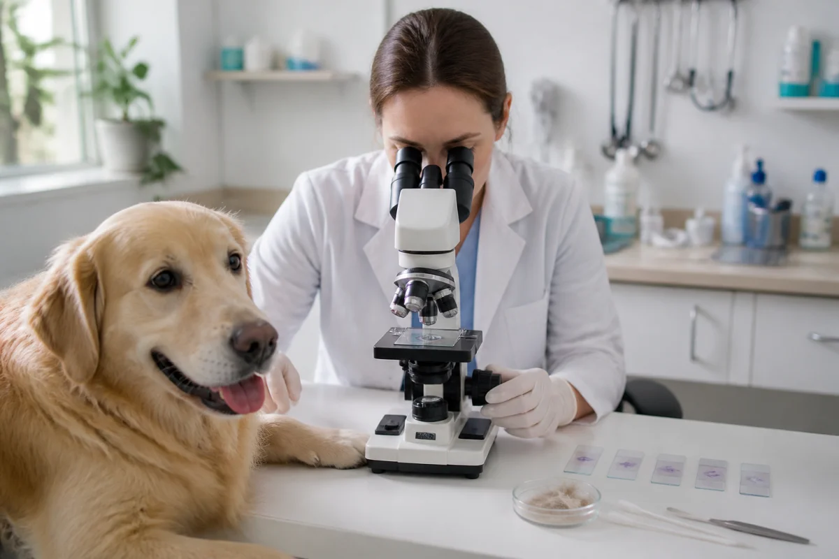 Vétérinaire analysant au microscope un prélèvement cutané de chien pour le dépistage des allergies chez le chien