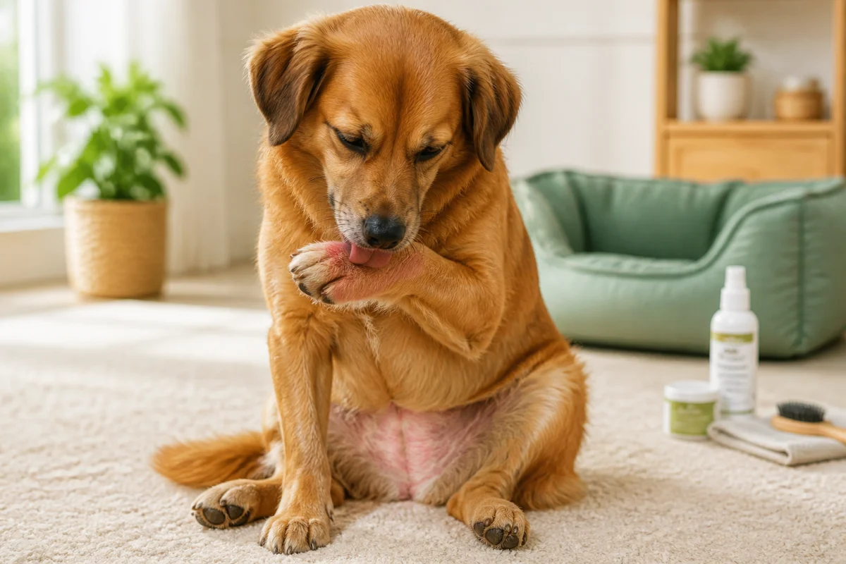 Chien léchant une patte irritée, illustrant le dépistage des allergies chez le chien à domicile