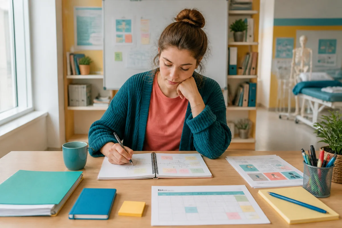 Jeune adulte préparant sa formation auxiliaire de santé devant un parcours d’études, des documents et un calendrier organisés