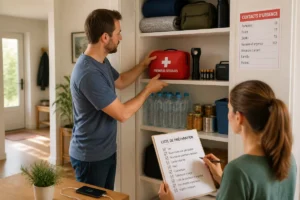 Préparation des gestes d’urgence à la maison avec trousse de secours et fournitures essentielles facilement accessibles