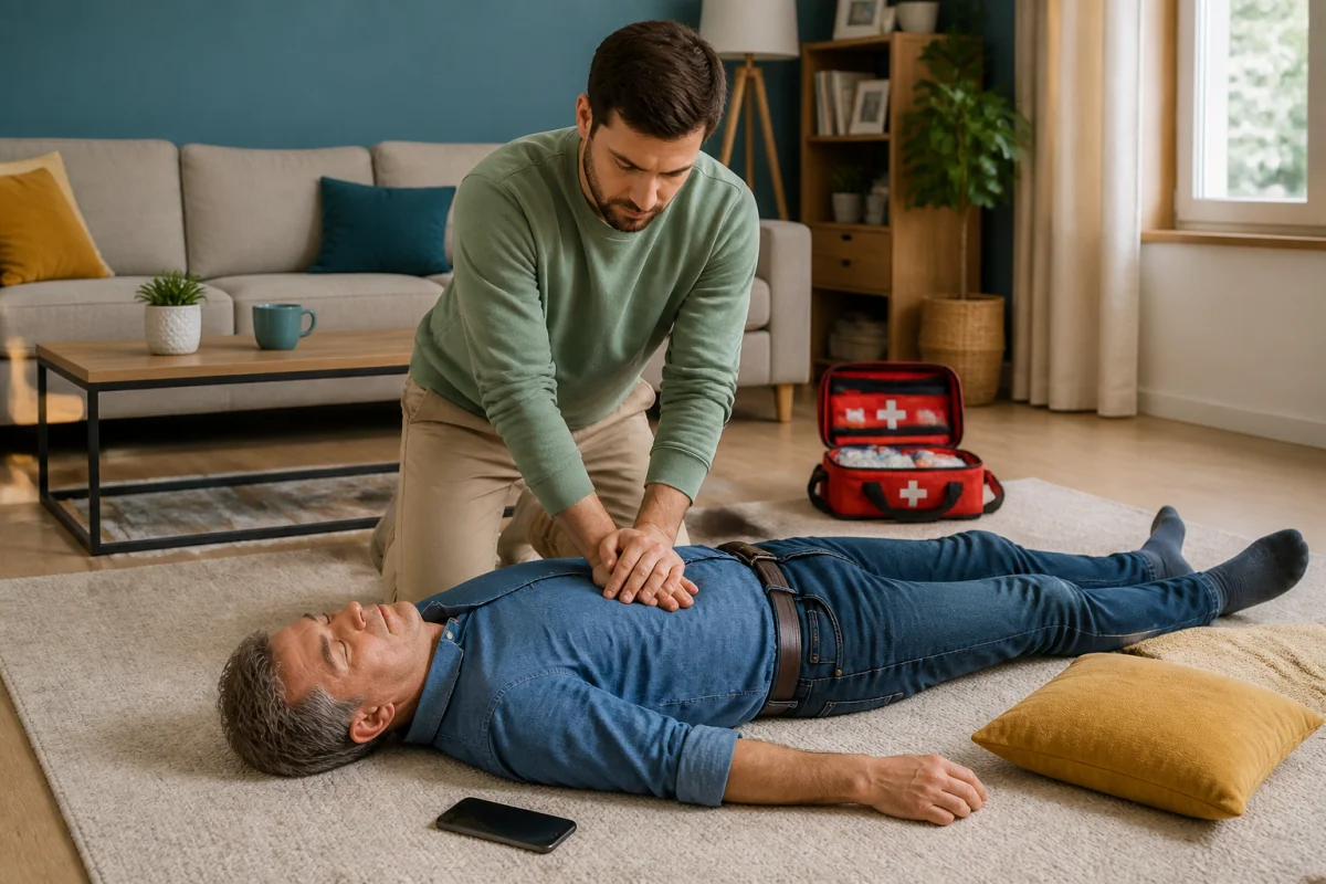Gestes d’urgence à la maison : proche pratiquant un massage cardiaque sur une personne inconsciente dans un salon familial