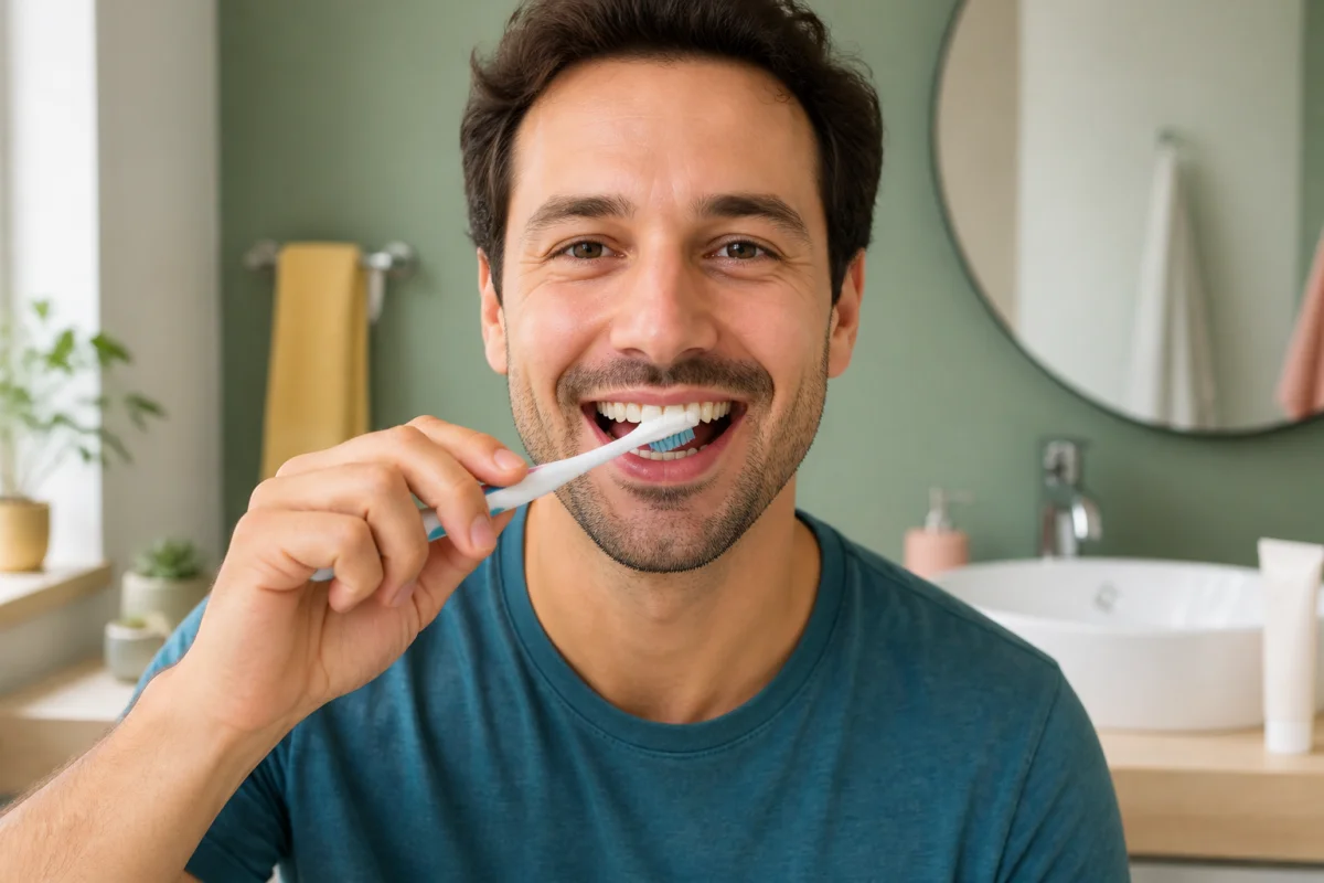 Adulte souriant se brossant les dents à 45 degrés, illustrant les bons gestes d’hygiène bucco-dentaire