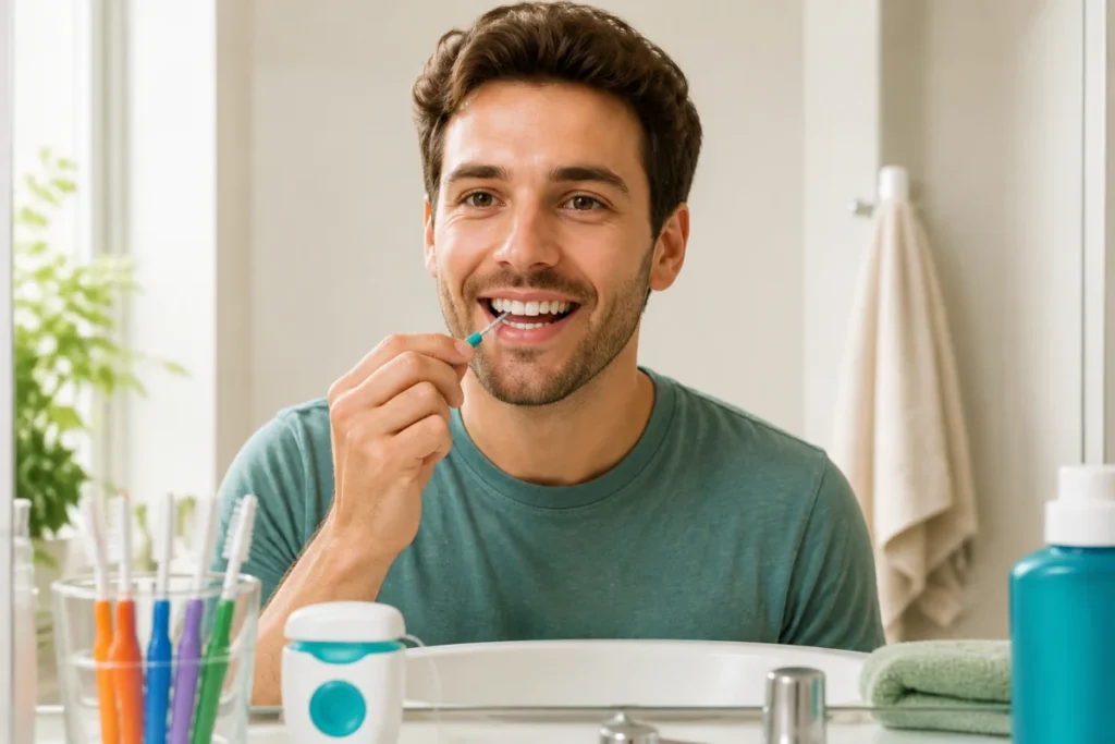 Adulte souriant utilisant une brossette interdentaire devant un miroir, accessoires d’hygiène bucco-dentaire visibles dans une salle de bains lumineuse