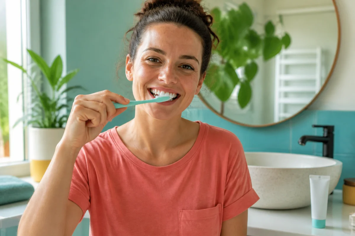 Adulte souriant se brossant les dents correctement, illustrant une hygiène bucco-dentaire quotidienne simple et efficace