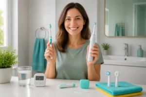Personne souriante présentant des brosses à dents neuve et usée pour une hygiène bucco-dentaire quotidienne simplifiée