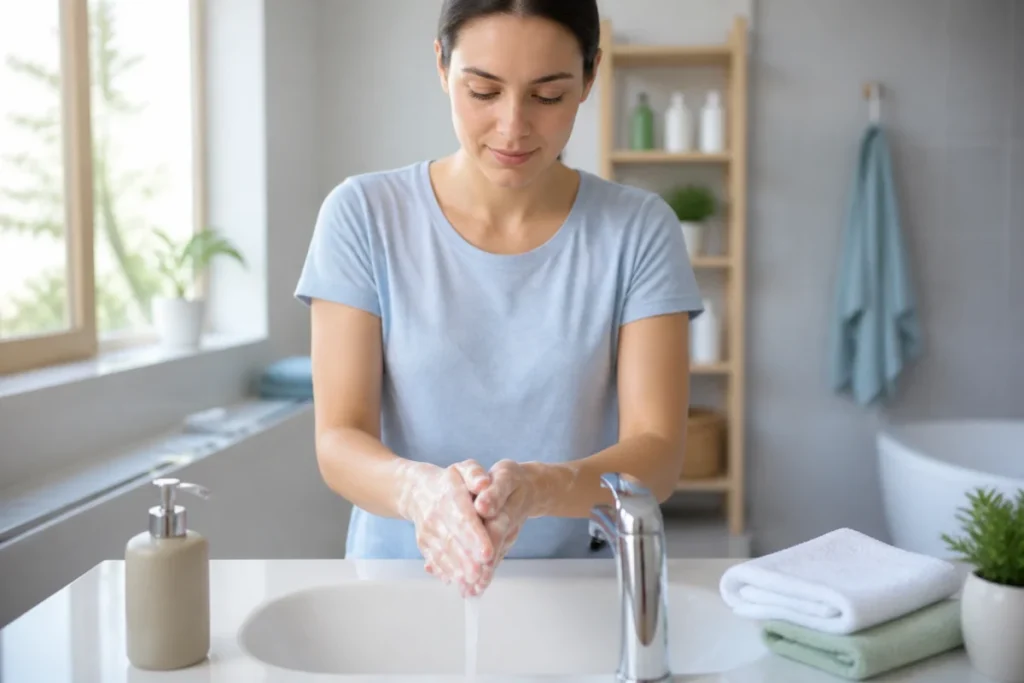 Personne se lavant soigneusement les mains au savon pour prévenir les maladies saisonnières dans une salle de bains propre
