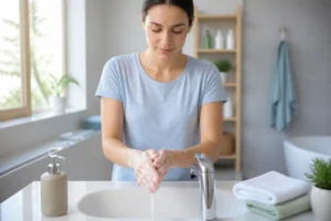 Personne se lavant soigneusement les mains au savon pour prévenir les maladies saisonnières dans une salle de bains propre