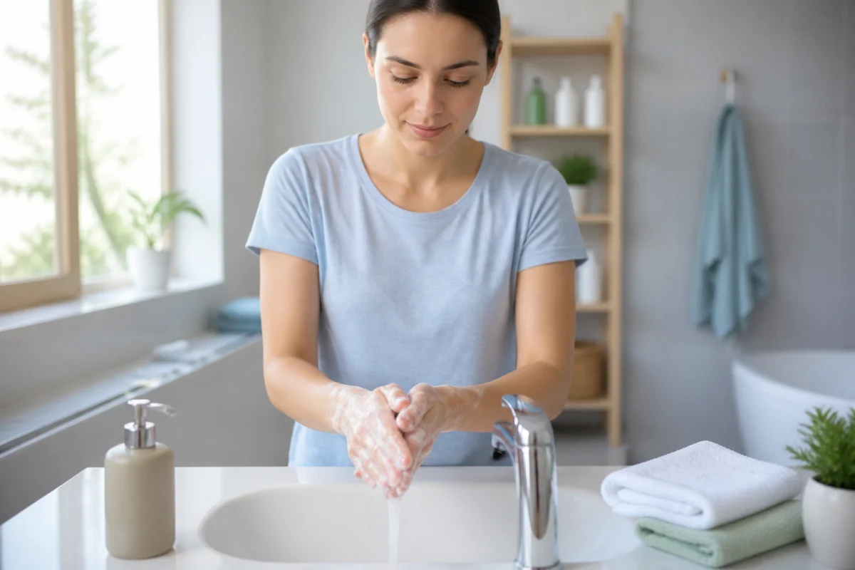 Personne se lavant soigneusement les mains au savon pour prévenir les maladies saisonnières dans une salle de bains propre