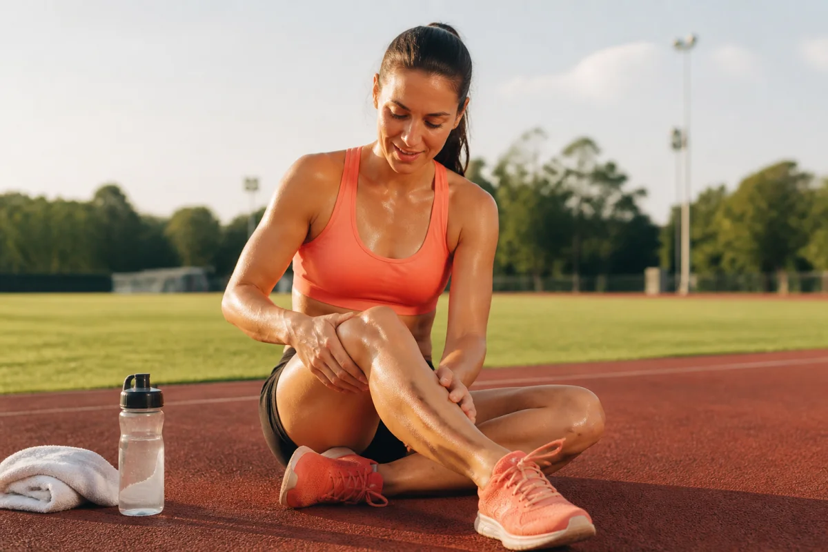 Sportif assis après l’entraînement, massant sa cuisse pour favoriser la récupération musculaire, en extérieur