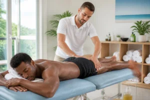 Massage et récupération musculaire : sportif recevant un massage ciblé des jambes par un thérapeute professionnel