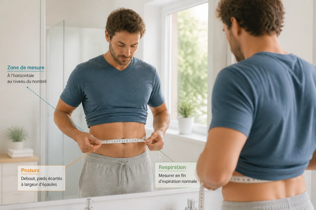 Adulte mesurant son tour de taille avec un ruban souple pour comprendre 5 cm de tour de taille en kg