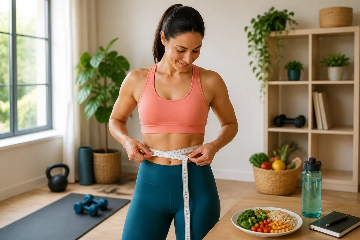 Mesure du tour de taille avec un mètre ruban, illustrant le thème 5 cm de tour de taille en kg.