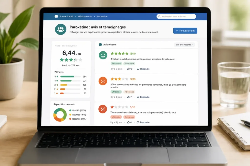 Ordinateur portable affichant un forum santé avec des avis contrastés sur la paroxétine et des évaluations colorées
