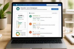 Ordinateur portable affichant un forum santé avec des avis contrastés sur la paroxétine et des évaluations colorées
