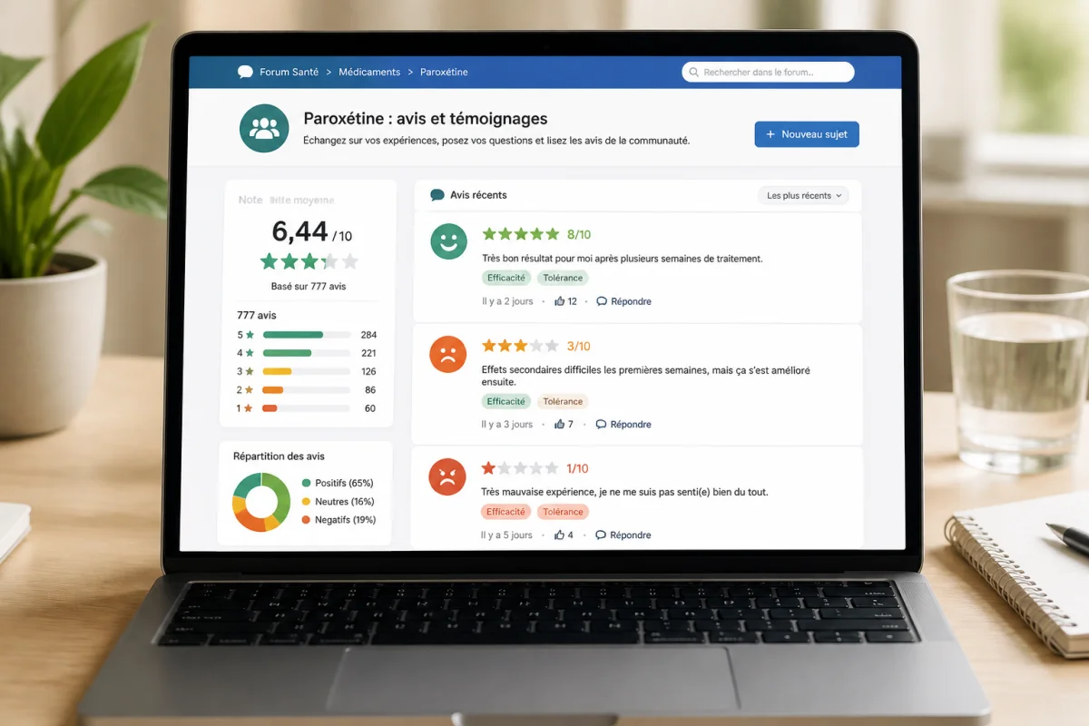 Ordinateur portable affichant un forum santé avec des avis contrastés sur la paroxétine et des évaluations colorées
