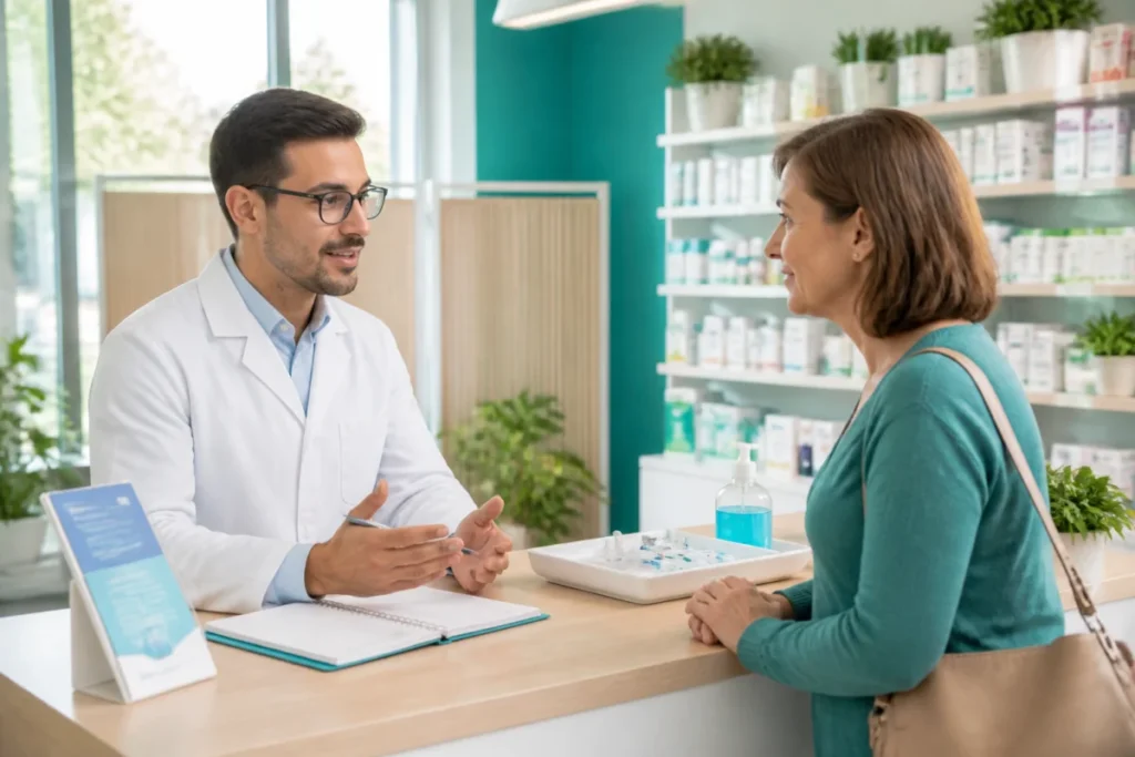 Pharmacien et patiente échangent lors d’un rendez-vous de vaccination COVID-19 à la Pharmacie Des Marelles