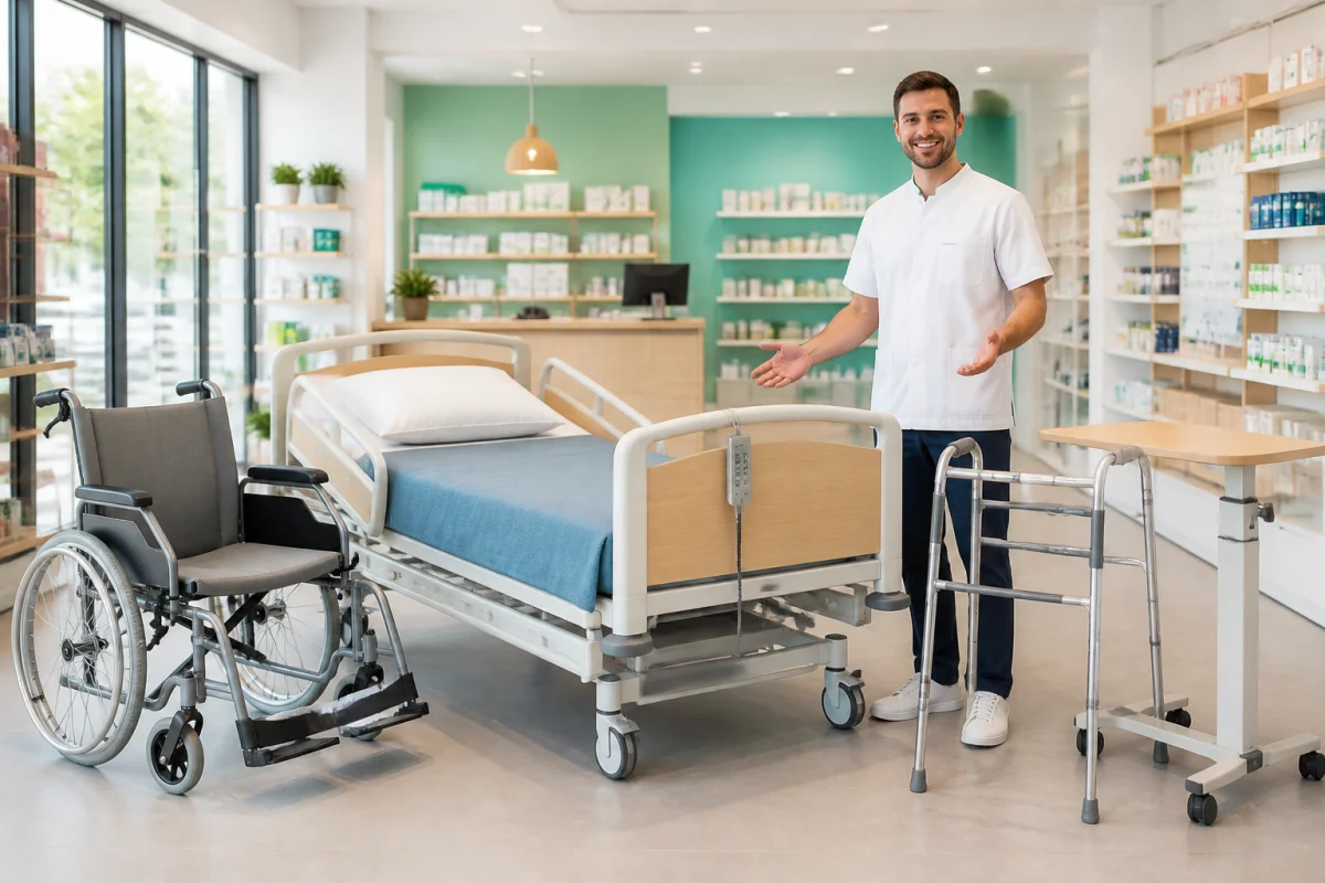 Pharmacie Pave De Lille à Wasquehal présentant un lit médicalisé, fauteuil roulant et équipements d’aide à la mobilité.