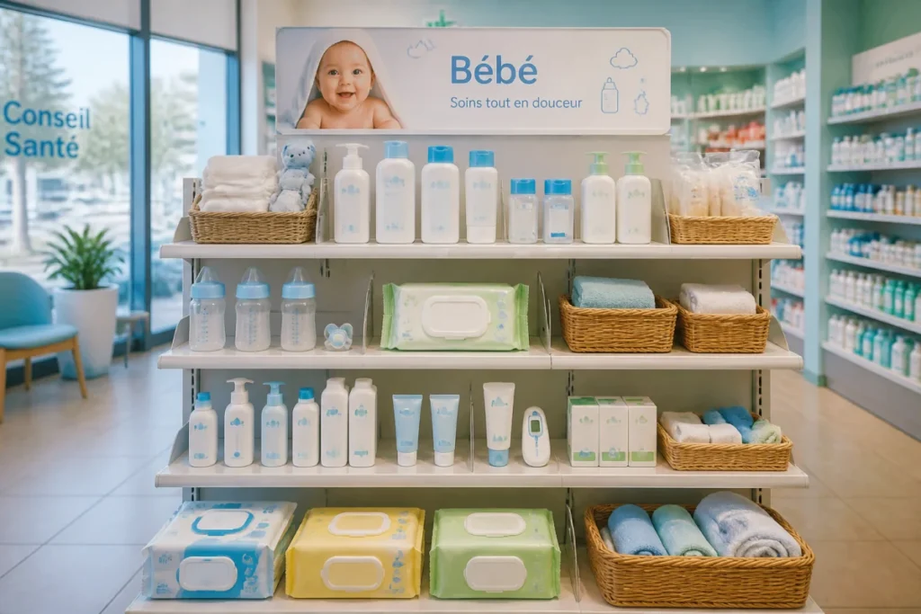 Rayon bébé de la Pharmacie Pave De Lille à Wasquehal, avec soins, biberons et produits d’hygiène soigneusement présentés
