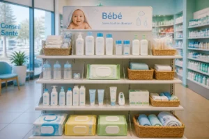Rayon bébé de la Pharmacie Pave De Lille à Wasquehal, avec soins, biberons et produits d’hygiène soigneusement présentés