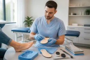 Podologue Riesterer Mededji préparant des semelles orthopédiques sur mesure dans un cabinet moderne, à partir de l’empreinte du pied.
