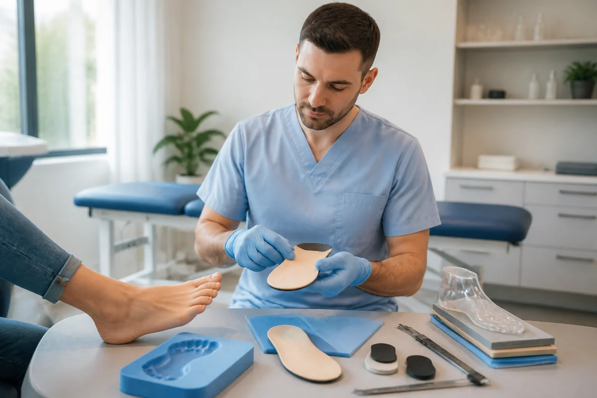 Podologue Riesterer Mededji préparant des semelles orthopédiques sur mesure dans un cabinet moderne, à partir de l’empreinte du pied.