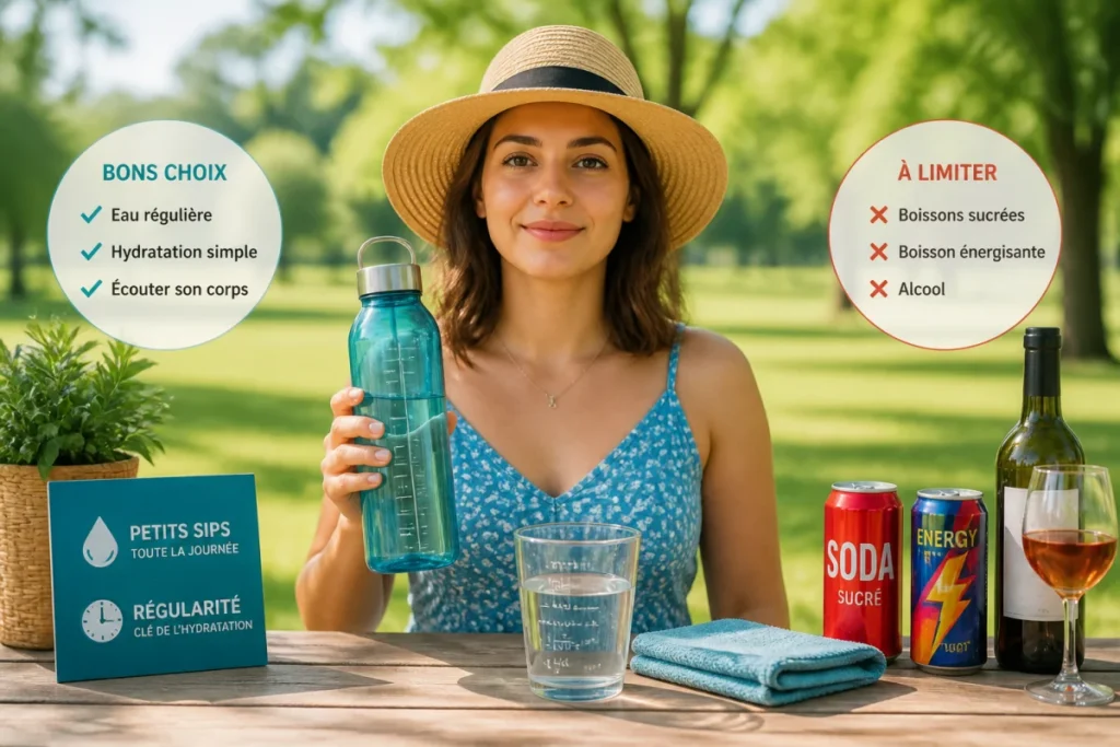 Adulte tenant une bouteille d’eau dans un parc estival, illustrant comment prévenir la déshydratation en été efficacement