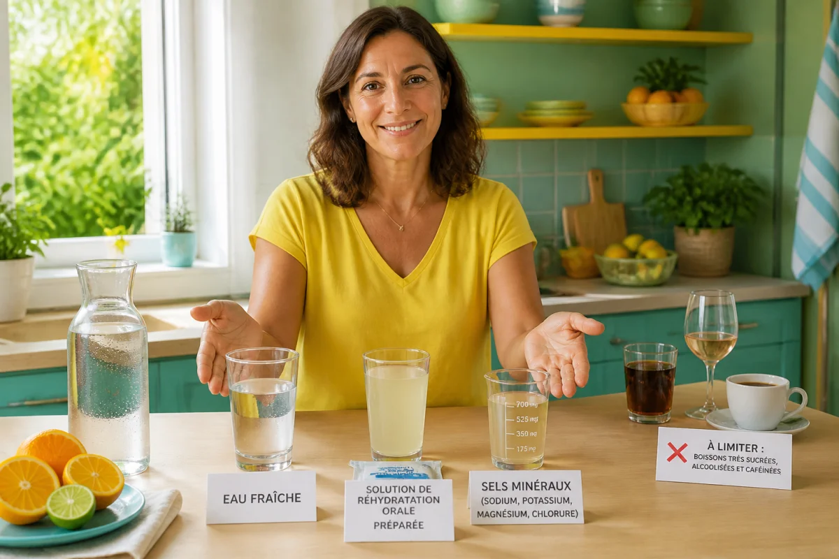 Personne présentant des boissons recommandées pour prévenir la déshydratation en été, avec eau et solution de réhydratation orale