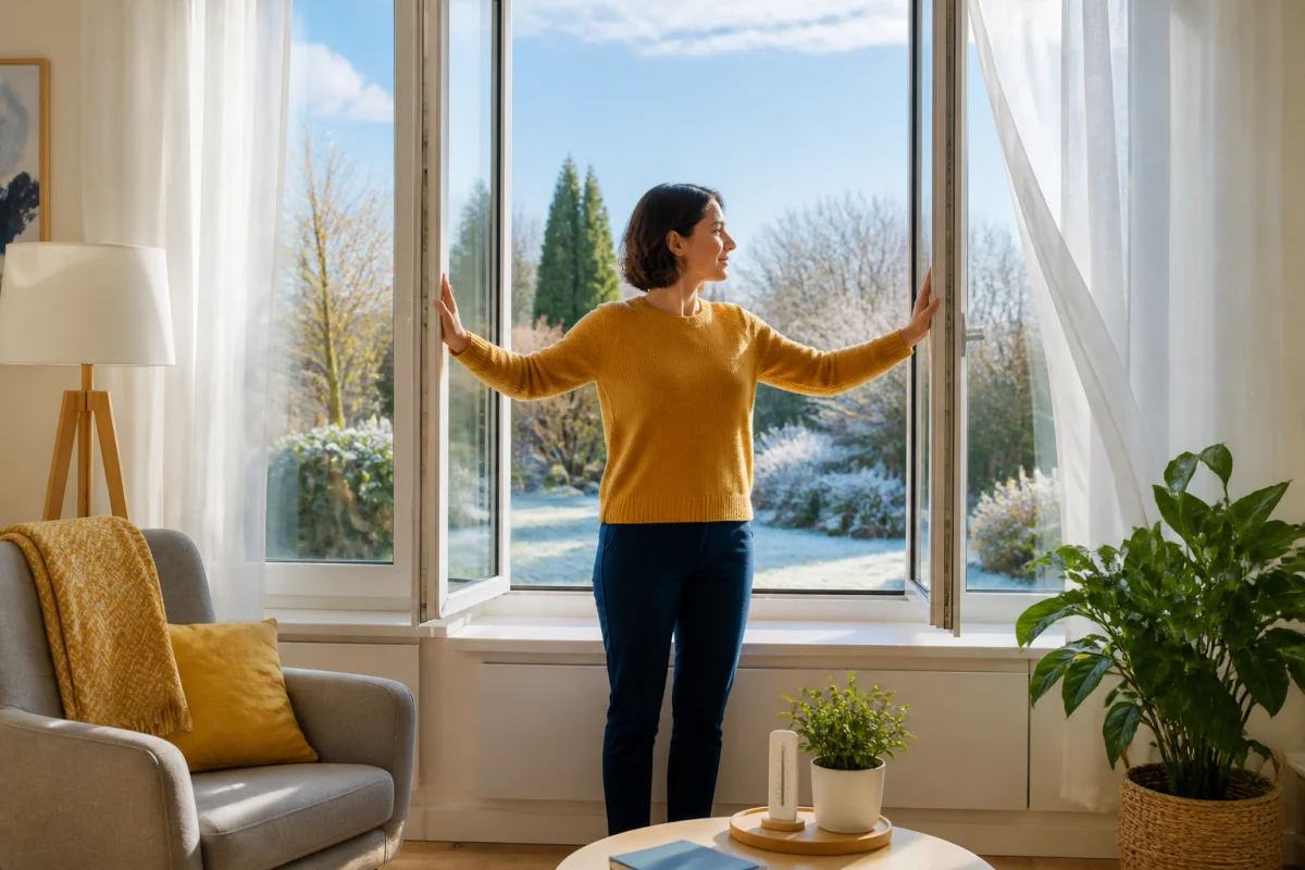 Personne ouvrant une fenêtre en hiver pour renouveler l’air et prévenir les maladies saisonnières
