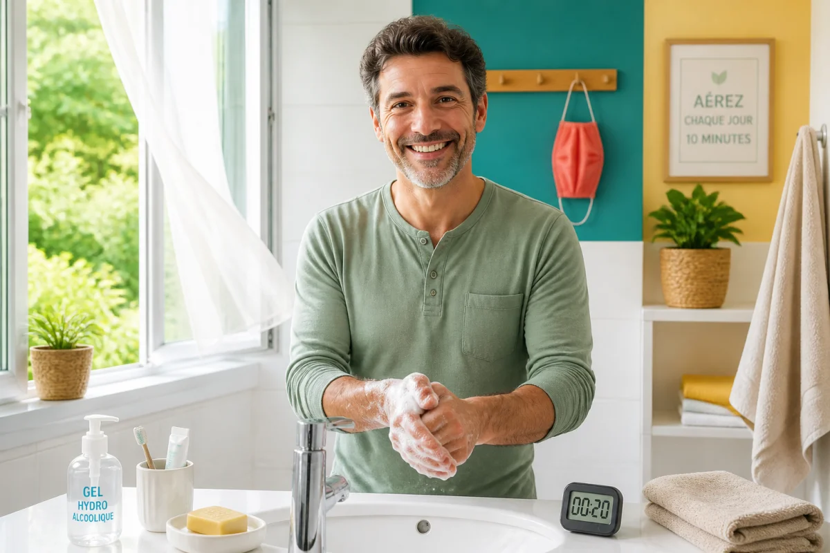 Adulte se lavant soigneusement les mains au savon dans une salle de bains aérée pour prévenir les maladies saisonnières