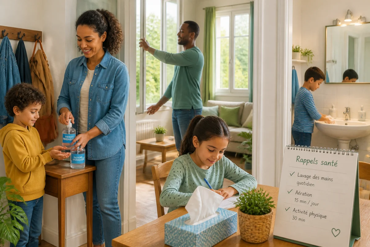 Famille diverse prévenant les maladies saisonnières par lavage des mains, aération et rappels de santé quotidiens
